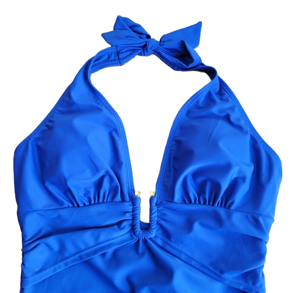 🌟 NWT NICOLE MILLER Royal Blue Halter Plunge Swimwear Women's Size 8  Shirred - Picture 3 of 14